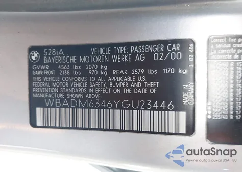 2000 BMW 528Ia from USA, damaged, VIN WBADM6346YGU23446